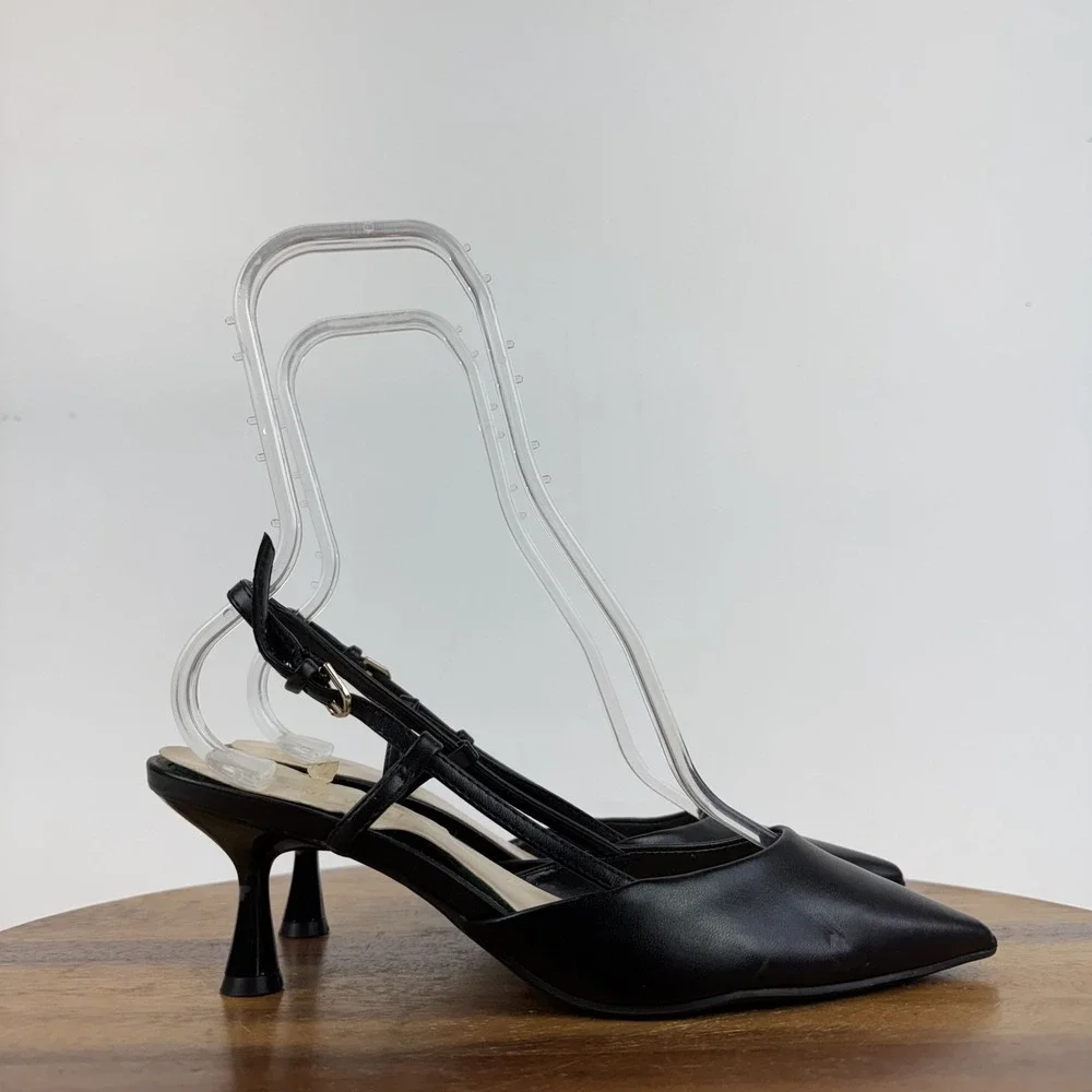 Womens Nine West Rowen Black Faux Leather Slingback Kitten Heeled Mules Size 7.5